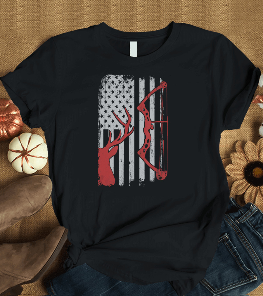 Deer Hunting Bow American Flag T-Shirt