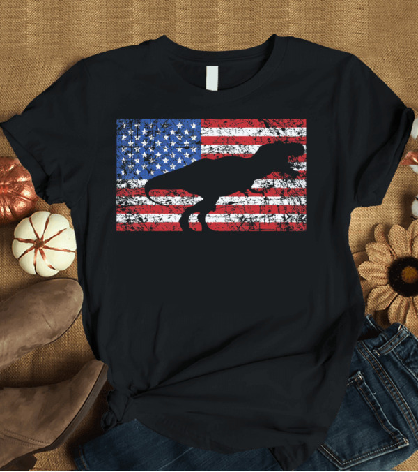 T-Shirt: Amerisaurus Dinosaur Silhouette on American Flag Background T-Shirt Amerisaurus Dinosaur Silhouette on American Flag Background T-Shirt