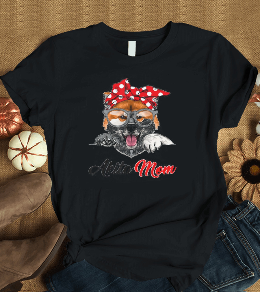Akita Mom Funny Dog Lovers with Red Polka Dot Bow and Glasses T-Shirt