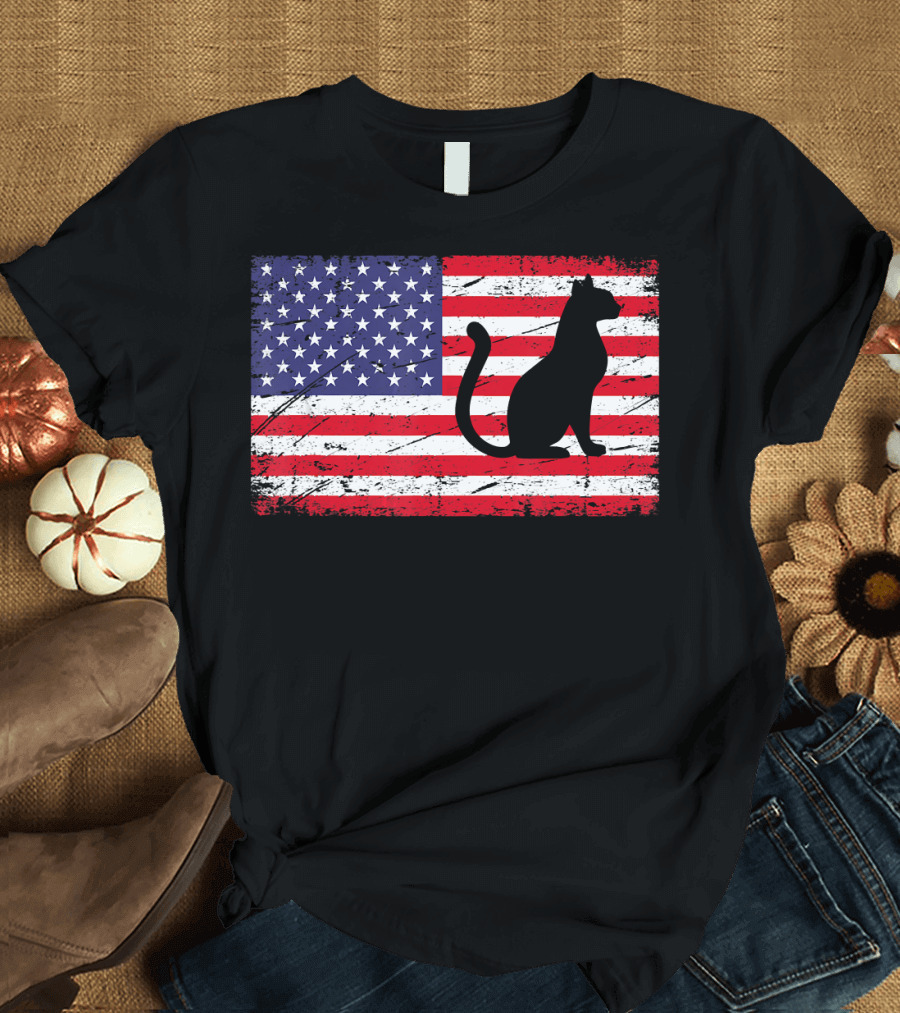 Distressed Cat Silhouette on American Flag 4th of July T-Shirt