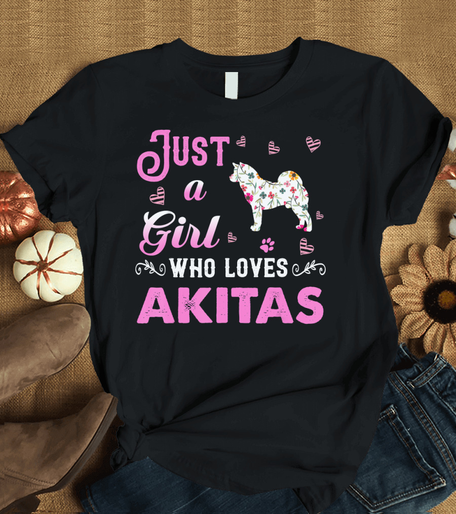 Just A Girl Who Loves Akitas Floral Pattern and Heart Details T-Shirt