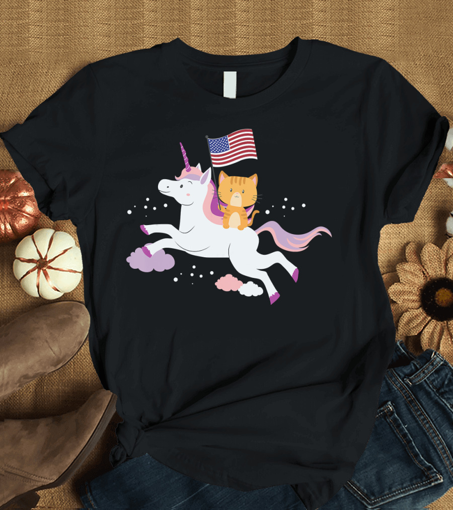 Unicorn Cat with American Flag 4th of July Independence Day T-Shirt