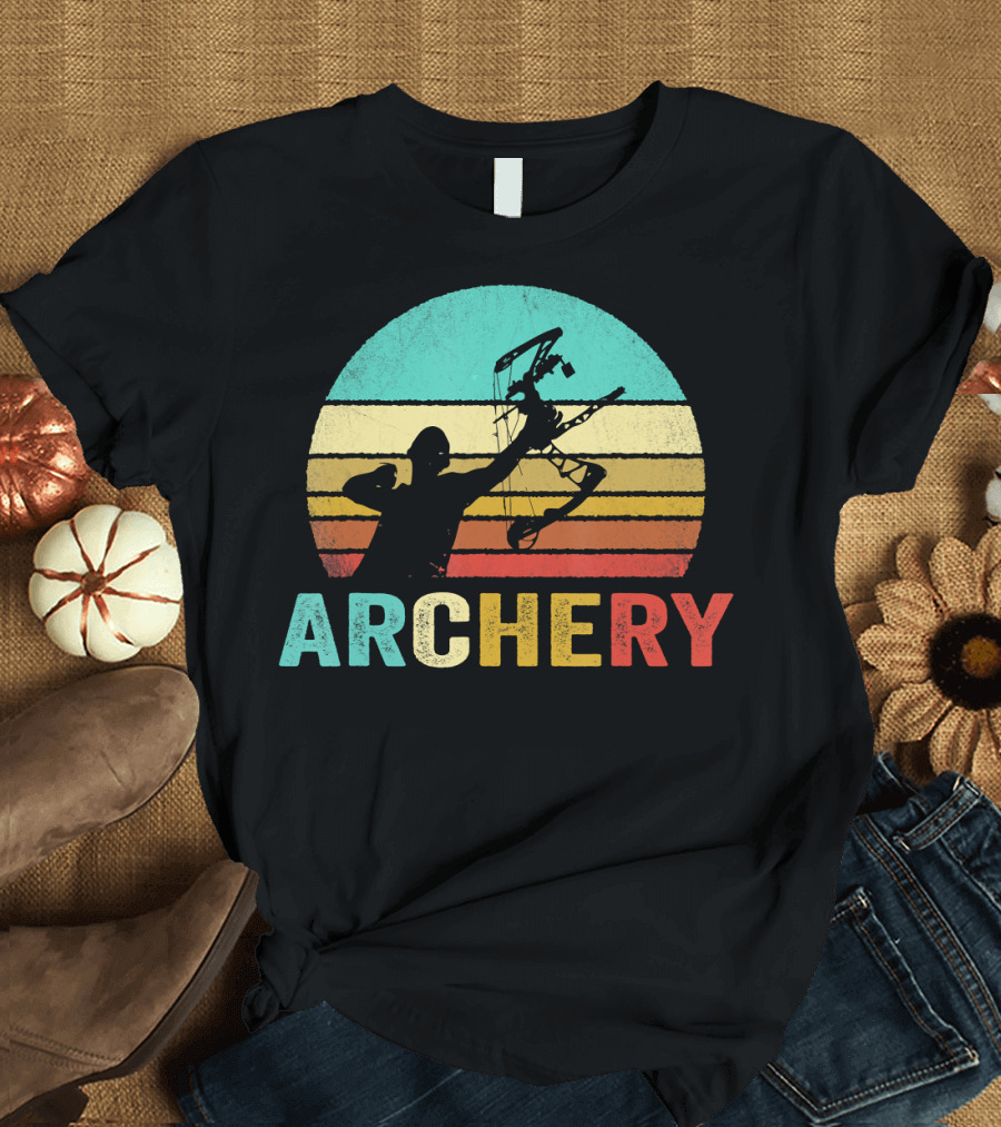 Vintage Archery Sunset Silhouette Bow and Arrow Retro Stripes T-Shirt
