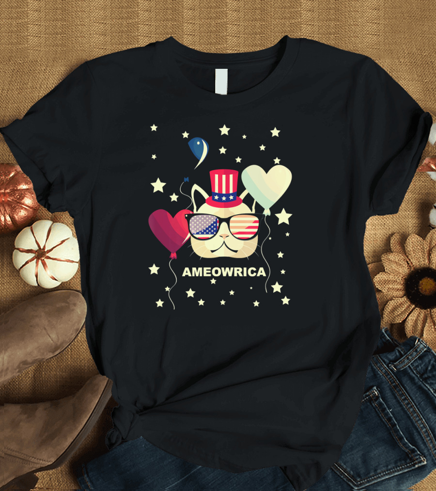 Ameowrica Cat with Stars, Patriotic Sunglasses, and Balloons 4th of July Independence Day T-Shirt