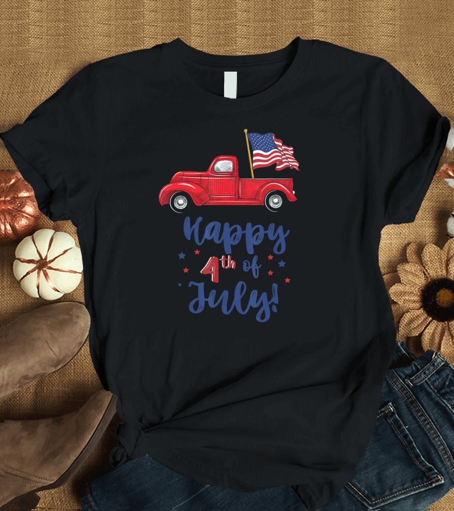 Happy 4th of July Red Truck with American Flag T-Shirt
