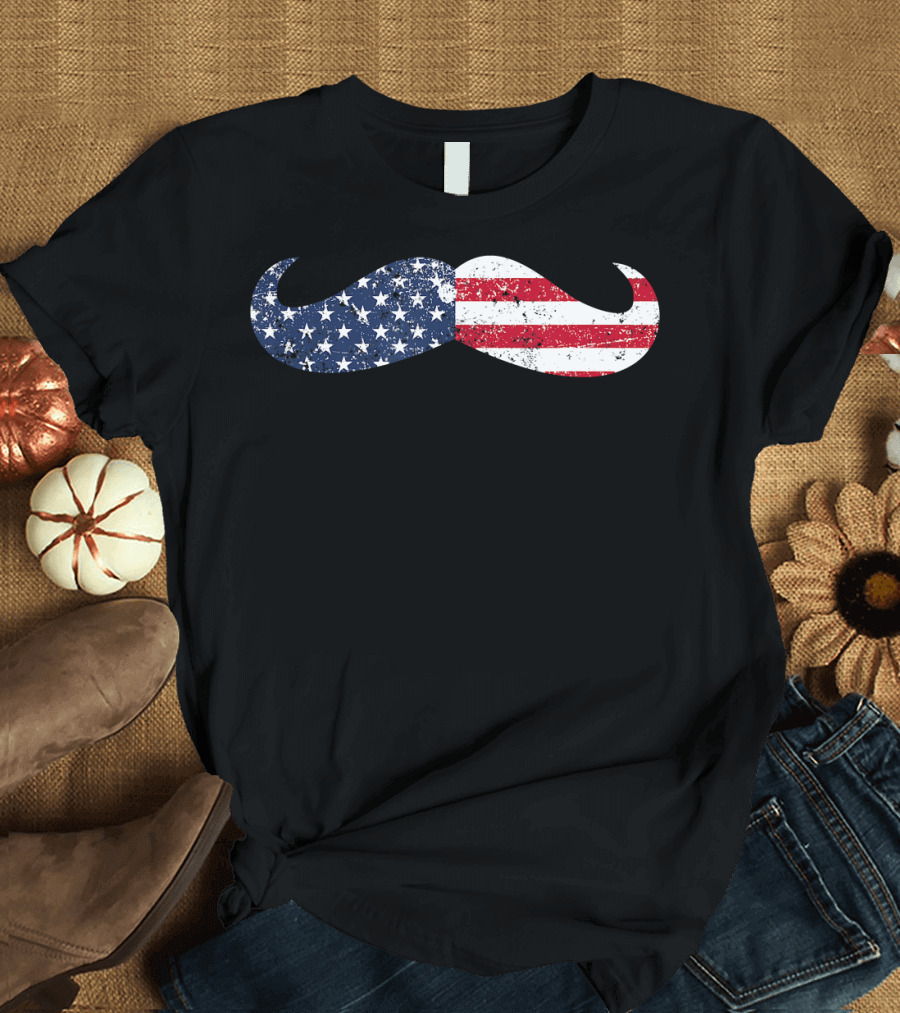 American Flag Mustache Patriotic Stars and Stripes 4th of July T-Shirt