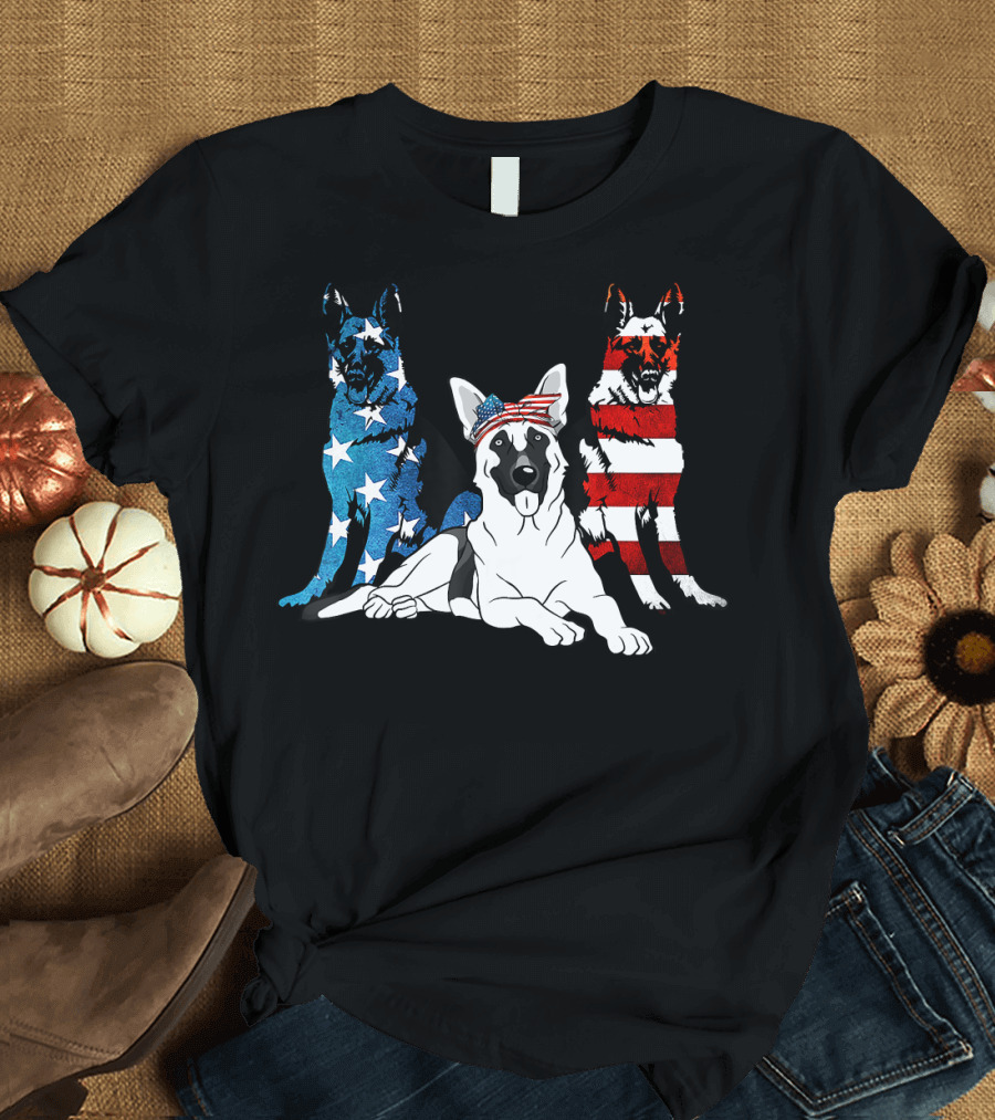 Patriotic US Flag with American German Shepherd Trio T-Shirt