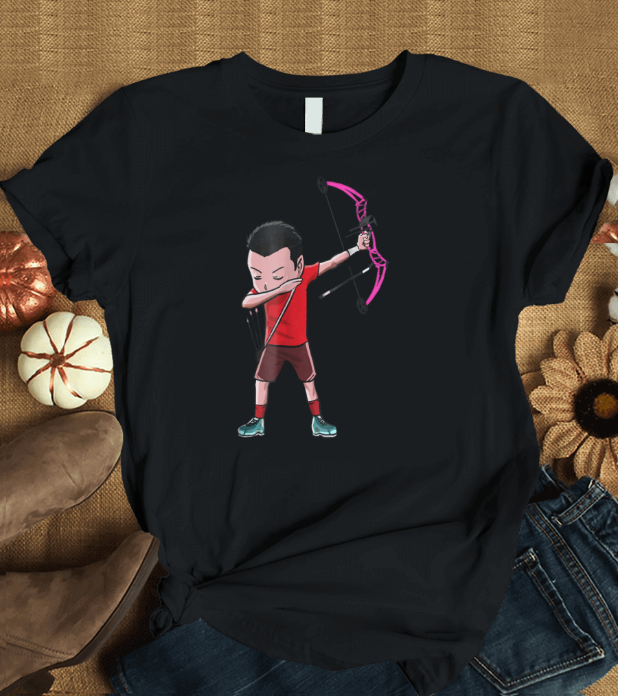Archery Dabbing Boy Funny Bow Dab Dance Character in Red T-Shirt