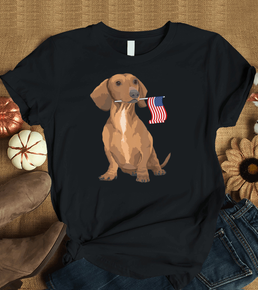 Dachshund with American Flag in Mouth T-Shirt