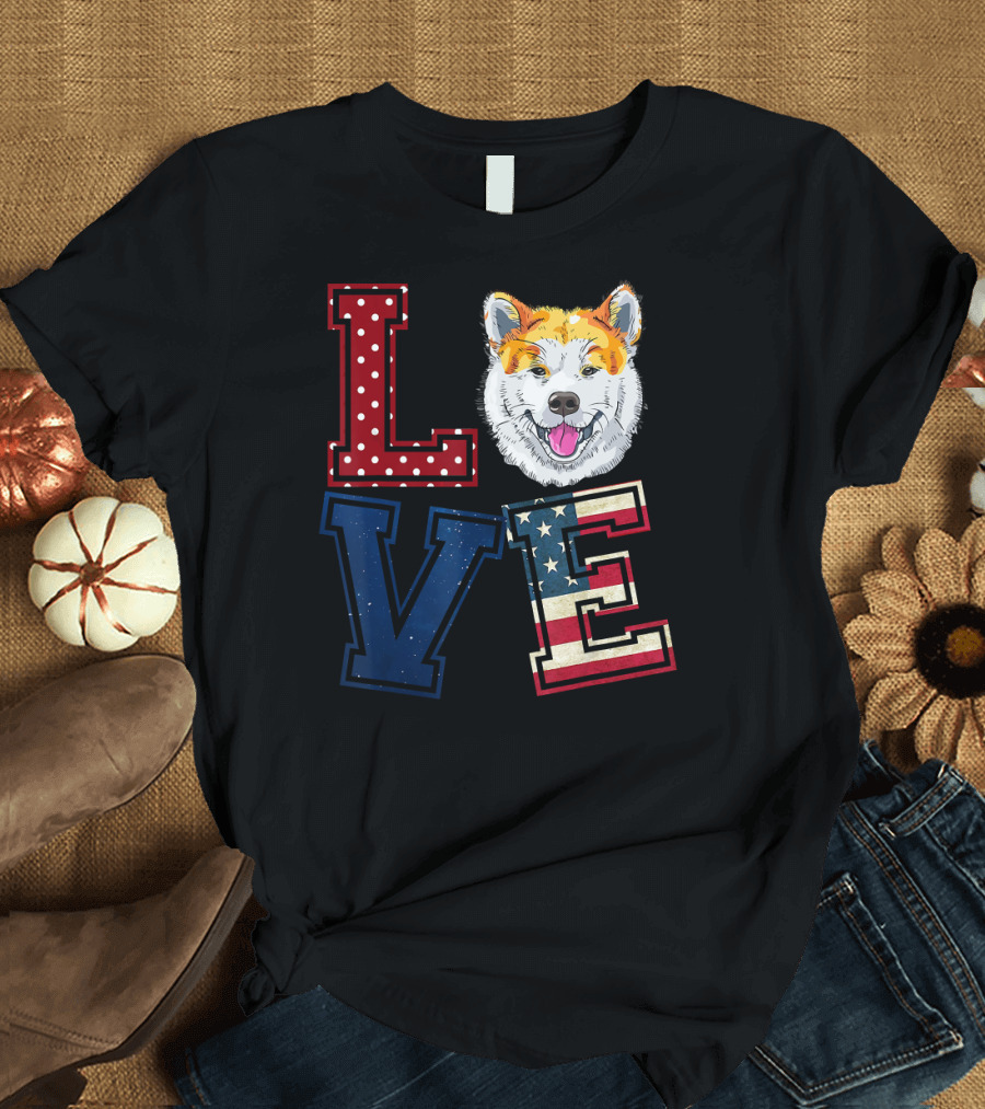 LOVE Akita Inu American Flag Patriotic Dog USA T-Shirt