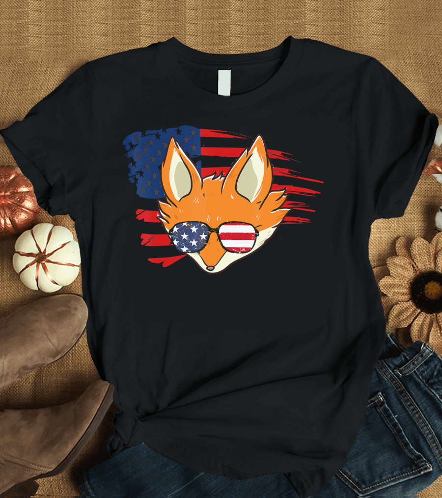 Patriotic Fox 4th of July Sunglasses USA Flag T-Shirt