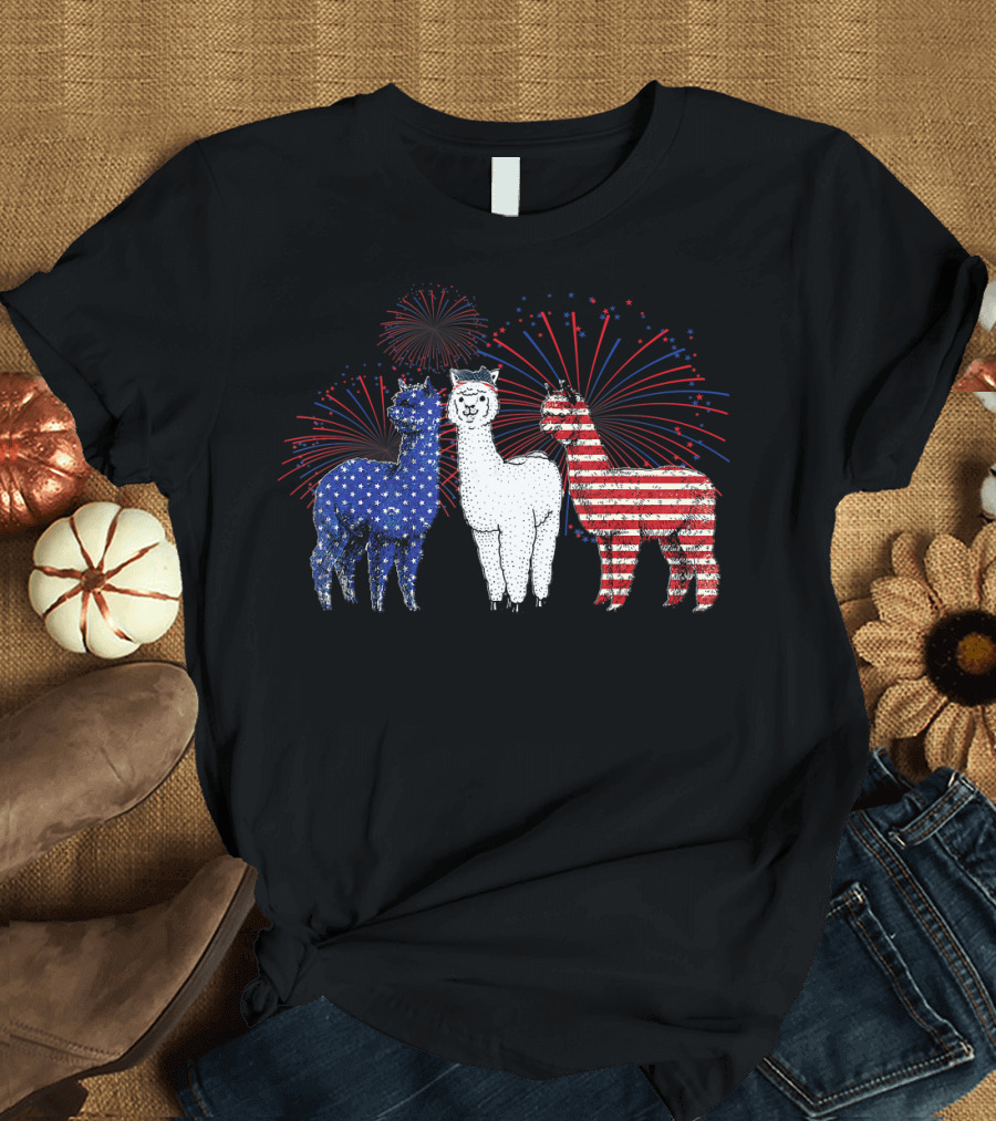 Patriotic Llama Trio American Flag Fireworks 4th Of July T-Shirt