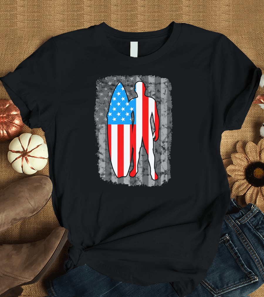 Surfing Vintage American Flag United Stat Patriotic T-Shirt