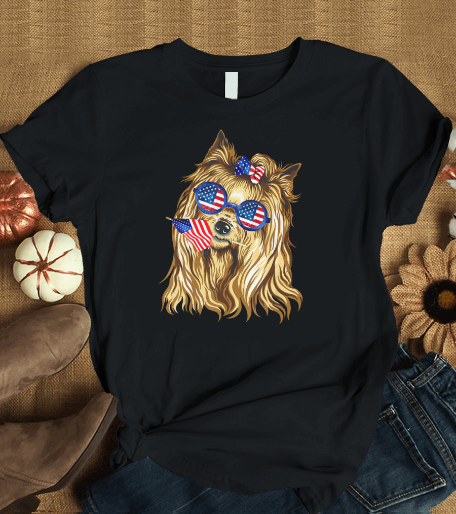 Yorkie With American Flag Sunglasses and Bow Holding Flag for 4th of July T-Shirt