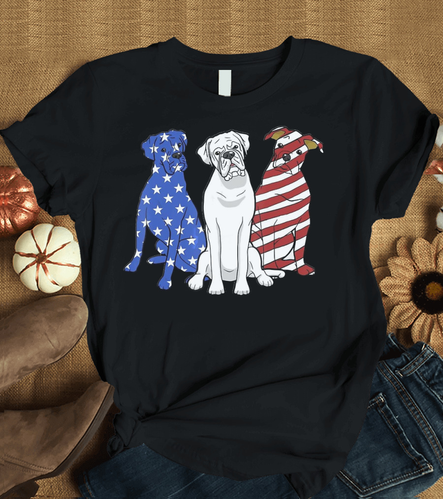 Boxer Dog American Flag Stars Stripes Patriot Merica T-Shirt