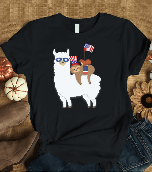 T-Shirt: Stars and Stripes Alpaca with Patriotic Sloth and Otter T-Shirt Stars and Stripes Alpaca with Patriotic Sloth and Otter T-Shirt