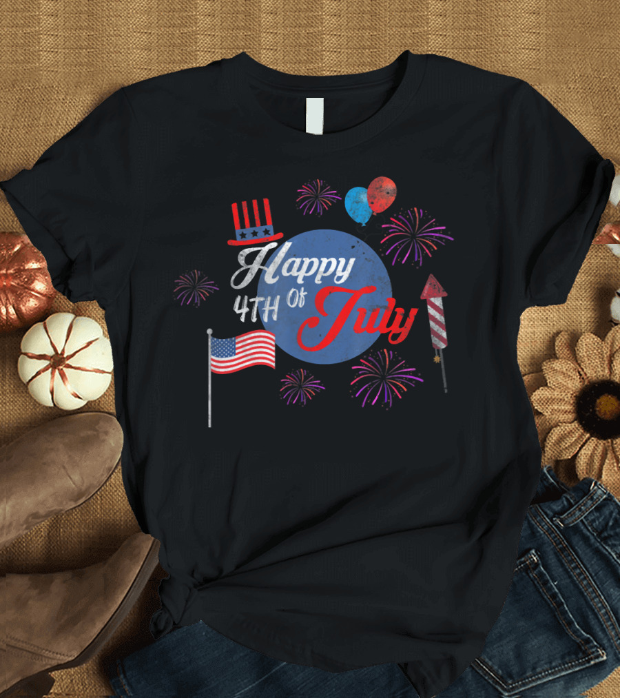 Happy 4th of July Independence Day Fireworks American Flag Balloons and Patriotic Hat T-Shirt