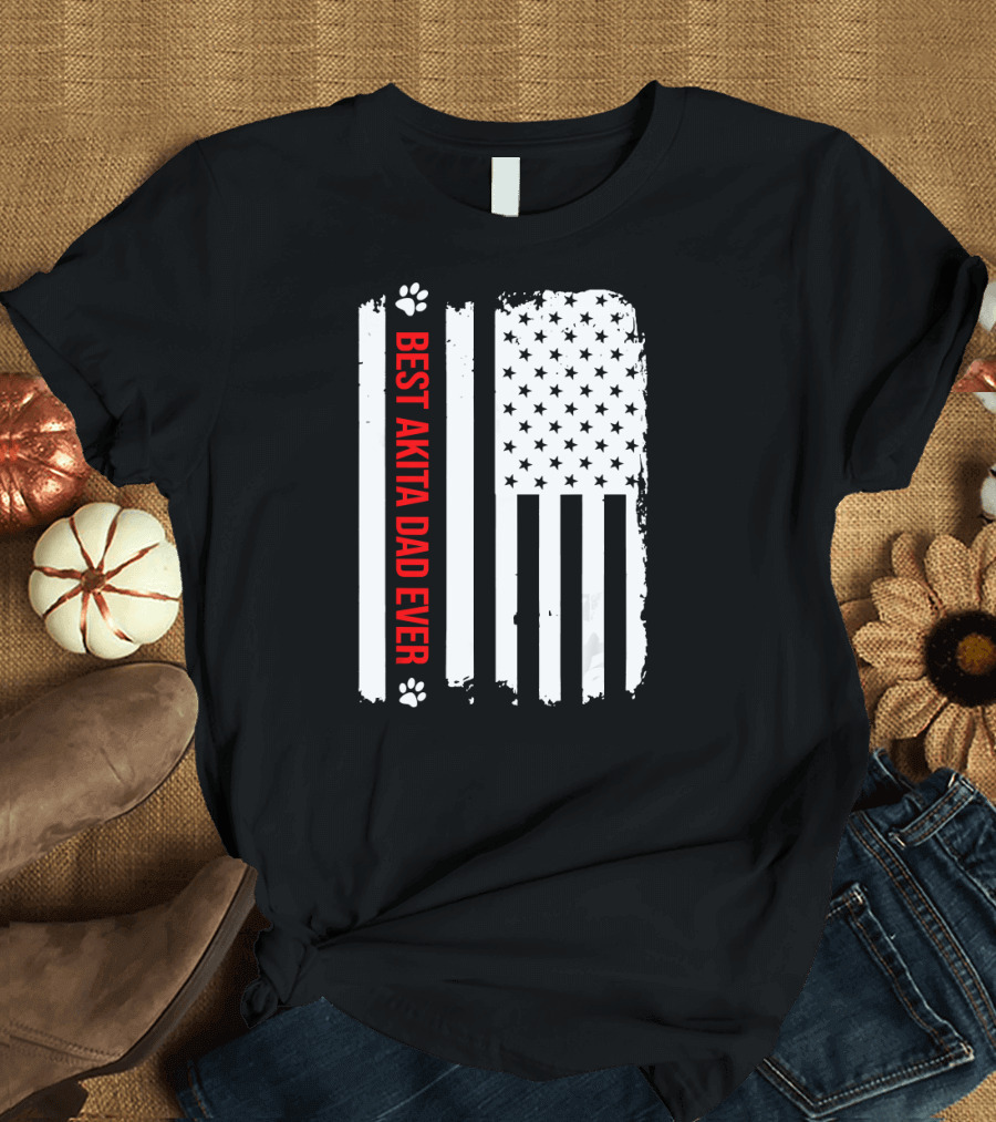 Best Akita Dad Ever American Flag Paw Prints T-Shirt
