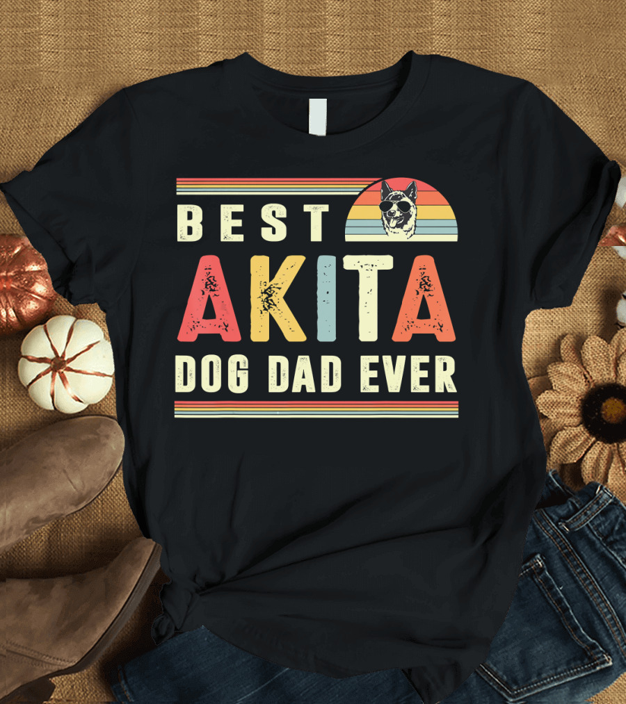 Best Akita Dog Dad Ever Retro Style with Sunset Colors T-Shirt