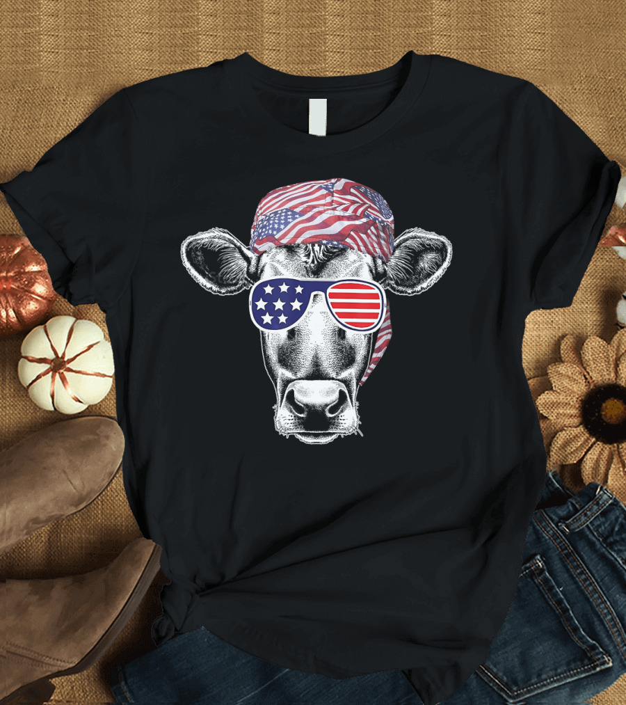 Patriotic Cow 4th of July American Flag Sunglasses Bandana T-Shirt