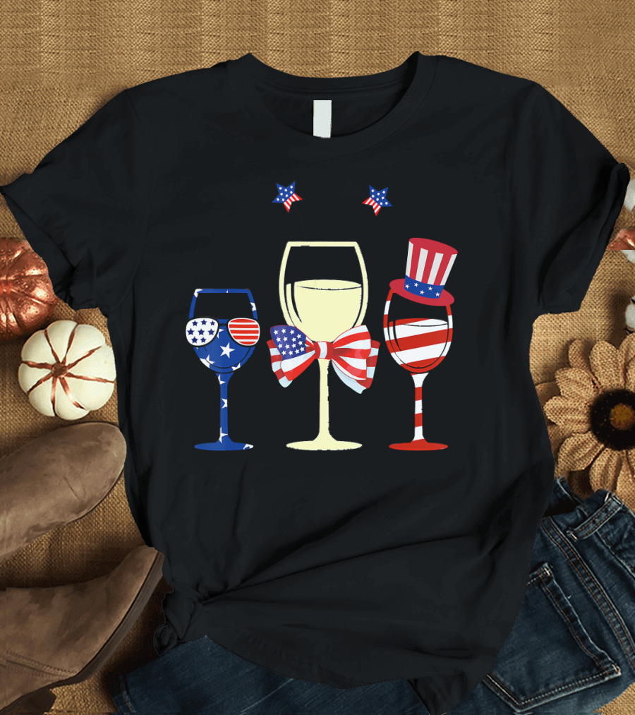 Red White Blue Wine Glasses American Flag Stars Stripes Bow Tie Hat Patriotic T-Shirt