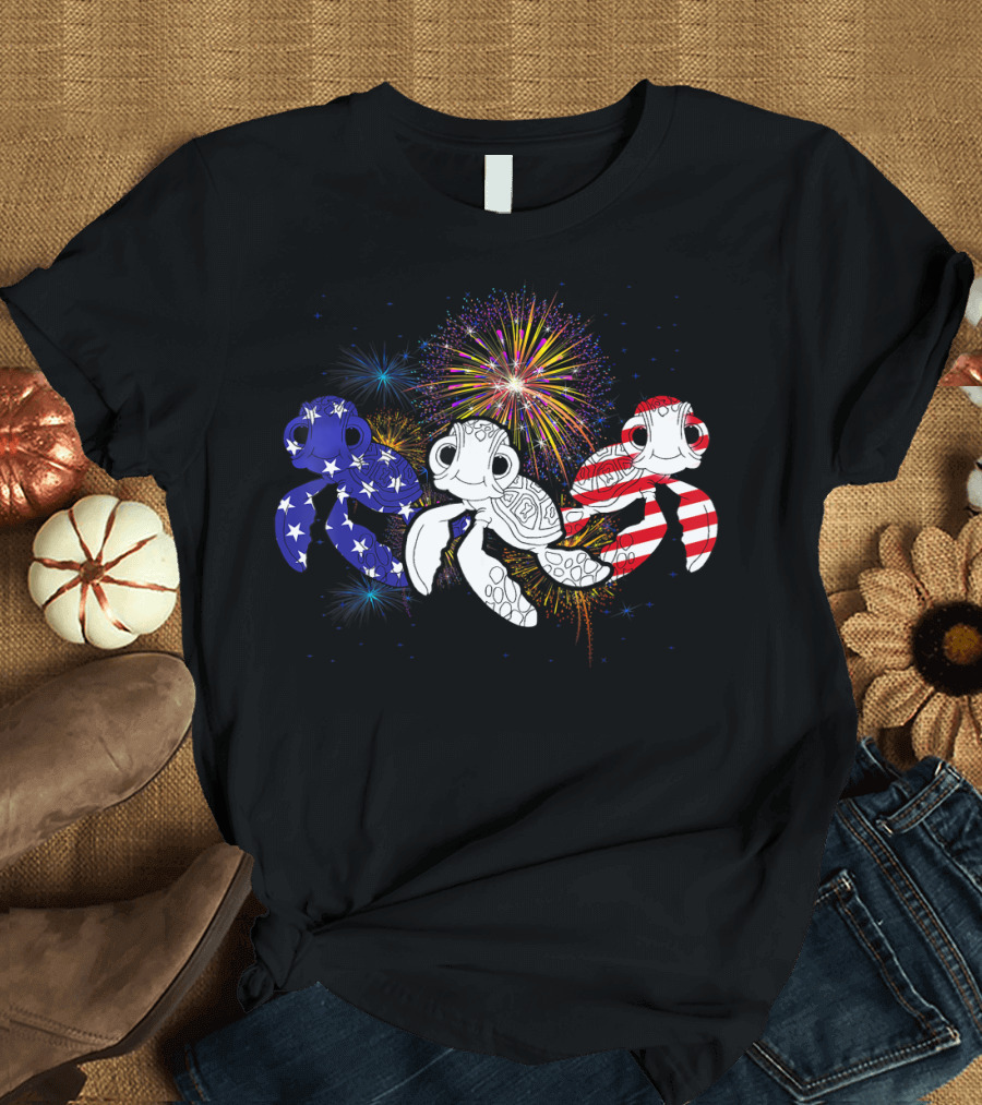 Three Turtles American Flag Fireworks 4th of July T-Shirt