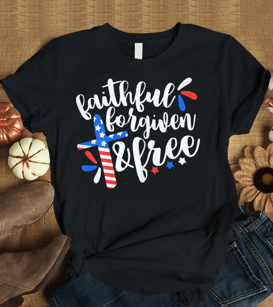 Faithful Forgiven and Free American Flag Cross T-Shirt