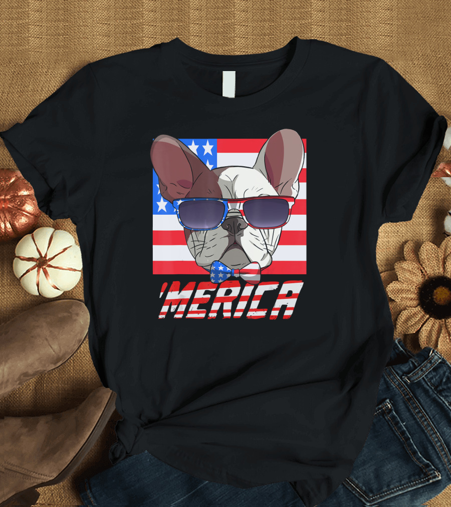 French Bulldog Merica USA Flag Sunglasses 4th of July T-Shirt