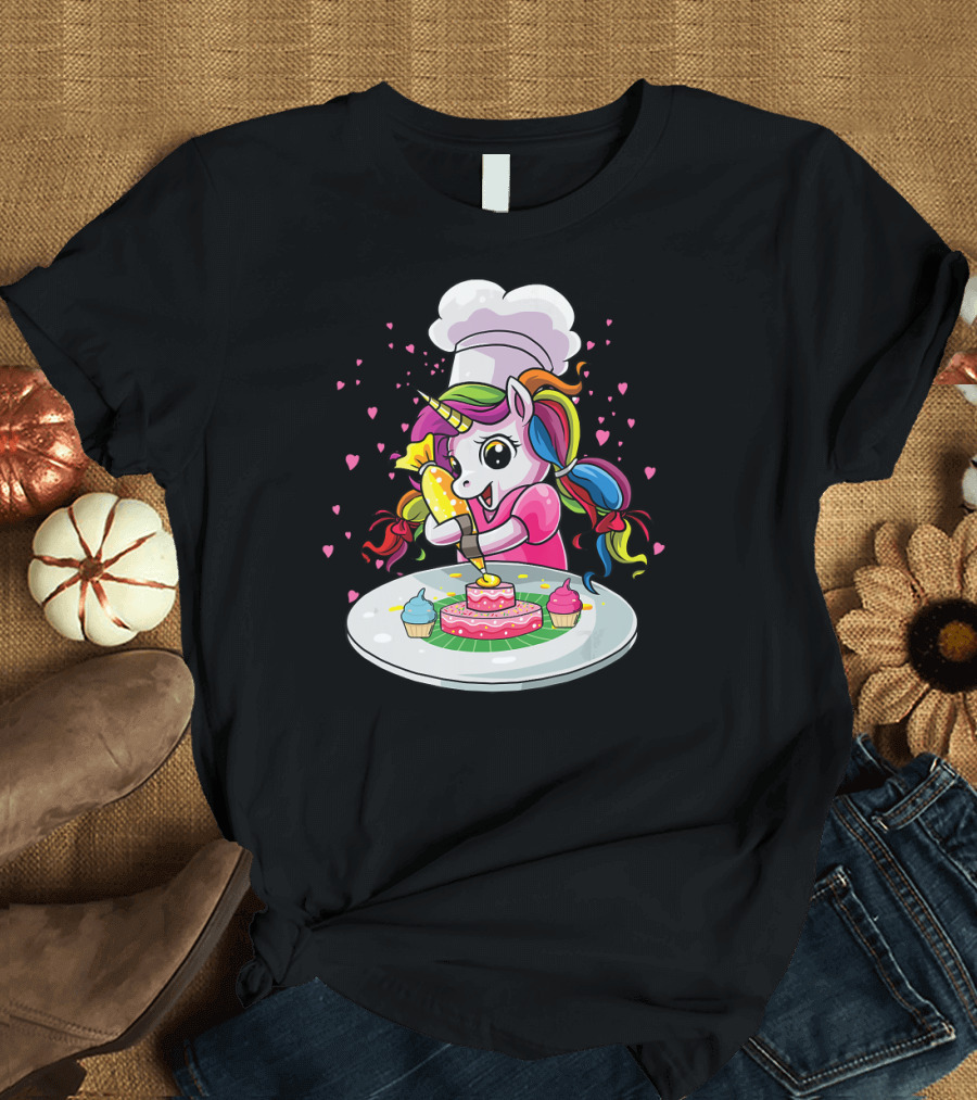 Unicorn Chef Decorating Cake with Colorful Cupcakes and Hearts T-Shirt