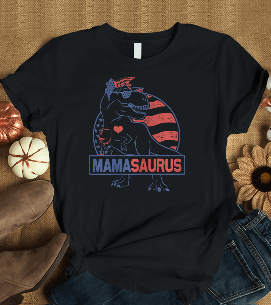 Mamasaurus Red White Blue Dinosaur with American Flag and Wine T-Shirt