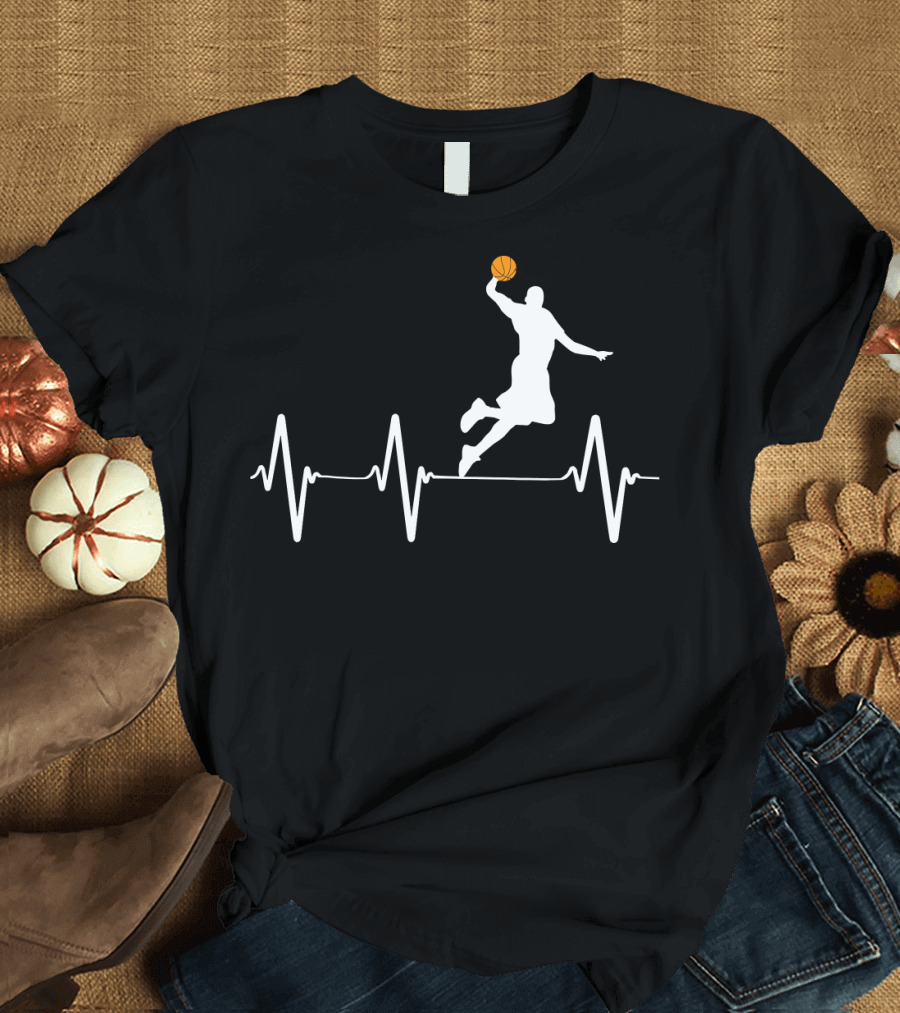 Basketball Dunk Silhouette with Heartbeat Line T-Shirt