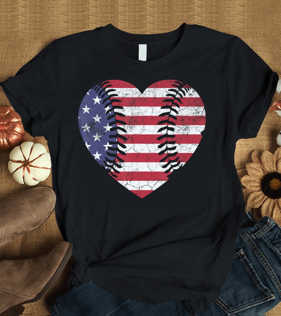 4th of July American Flag Baseball Heart T-Shirt
