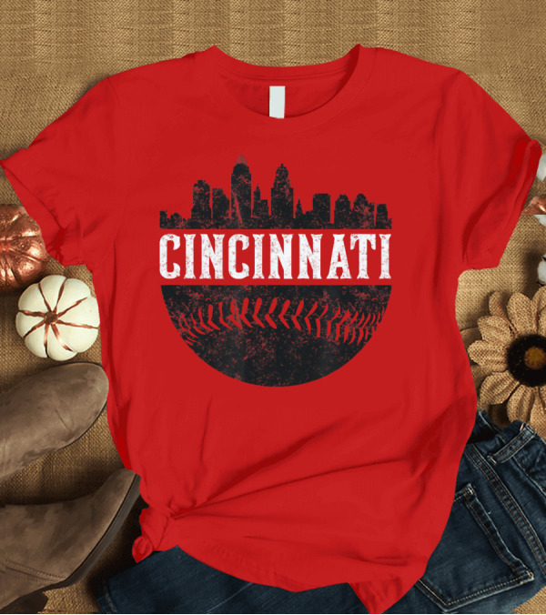 T-Shirt: Cincinnati Ohio Skyline with Baseball Seam T-Shirt Cincinnati Ohio Skyline with Baseball Seam T-Shirt