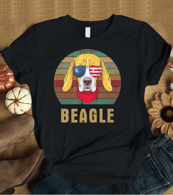 T-Shirt: Beagle American Flag Sunglasses T-Shirt Beagle American Flag Sunglasses T-Shirt