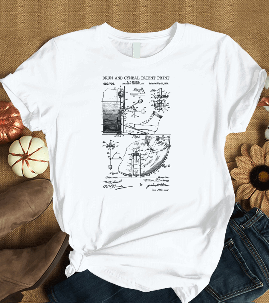 Drum And Cymbal Patent Print 1909 Vintage T. Rork Patent 989708 May 23 1911 T-Shirt