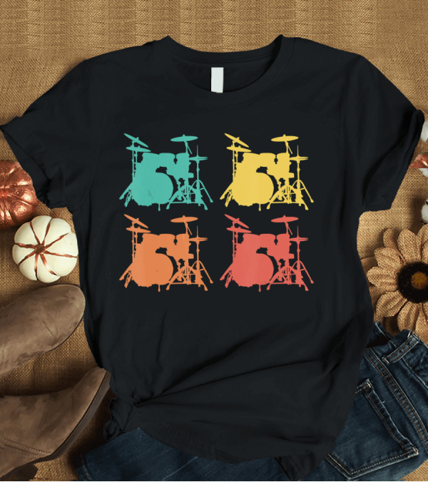 T-Shirt: Retro Drums Musician Drum Instrument Silhouette Multicolor T-Shirt Retro Drums Musician Drum Instrument Silhouette Multicolor T-Shirt