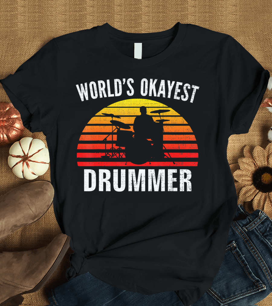 World's Okayest Drummer Vintage Silhouette with Sunset Stripes T-Shirt