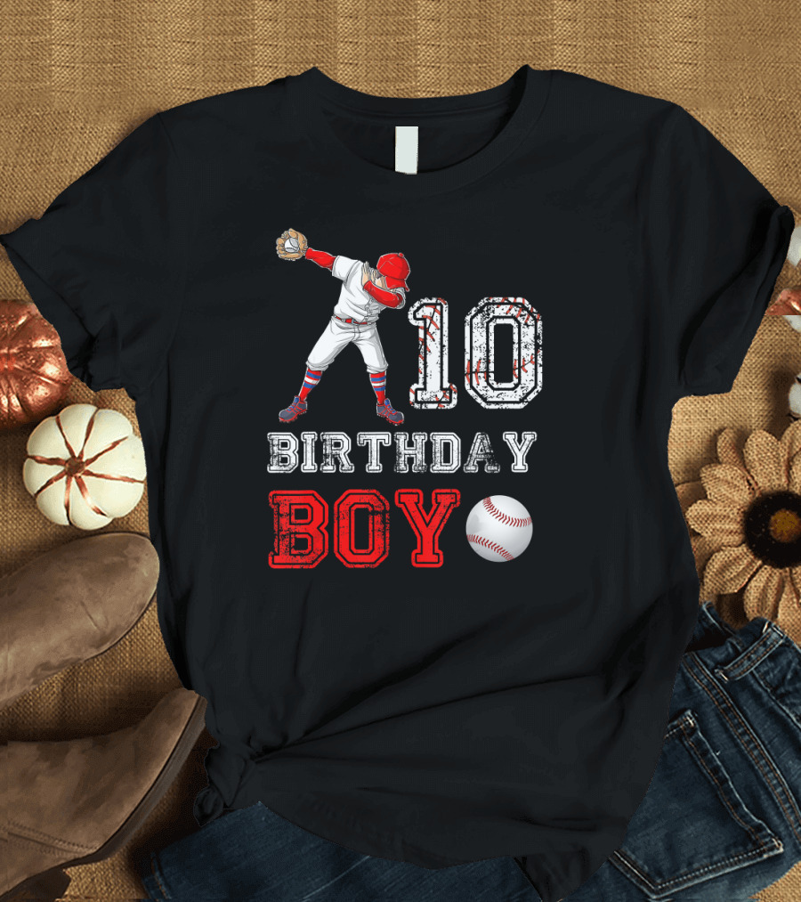 10 Birthday Boy Baseball Player Dabbing with Red Cap and Glove T-Shirt