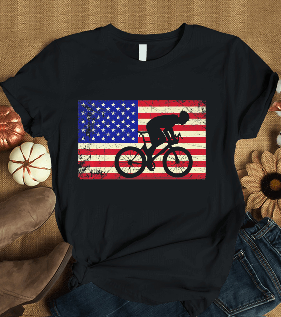 American Flag Cycling USA Bike Cyclist Silhouette Patriotic Rider T-Shirt