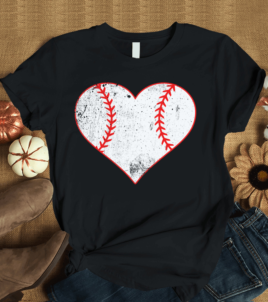 Baseball Distressed Heart Ball Red Stitching T-Shirt