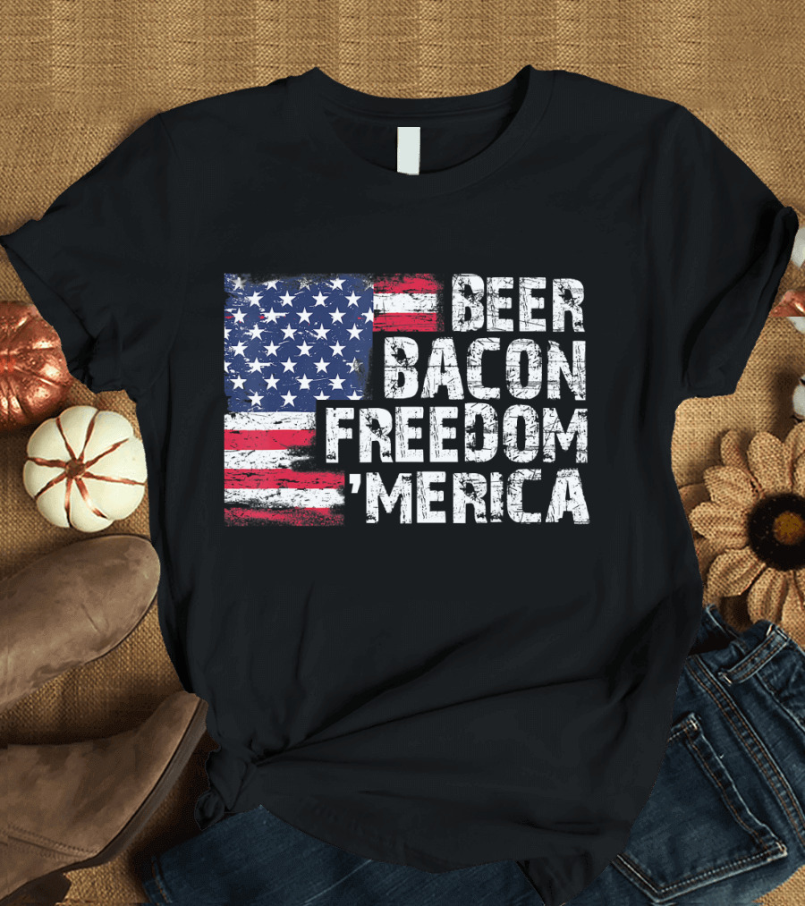 Beer Bacon Freedom 'Merica American Flag Patriotic T-Shirt