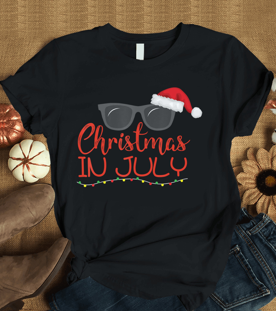 Christmas In July Santa Claus Hat Sunglasses Holiday T-Shirt
