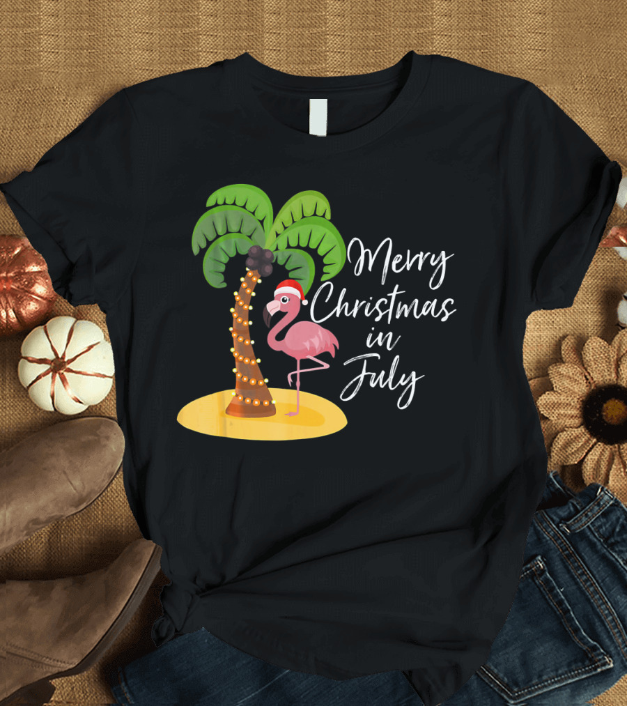 Merry Christmas in July Funny Flamingo with Palm Tree T-Shirt