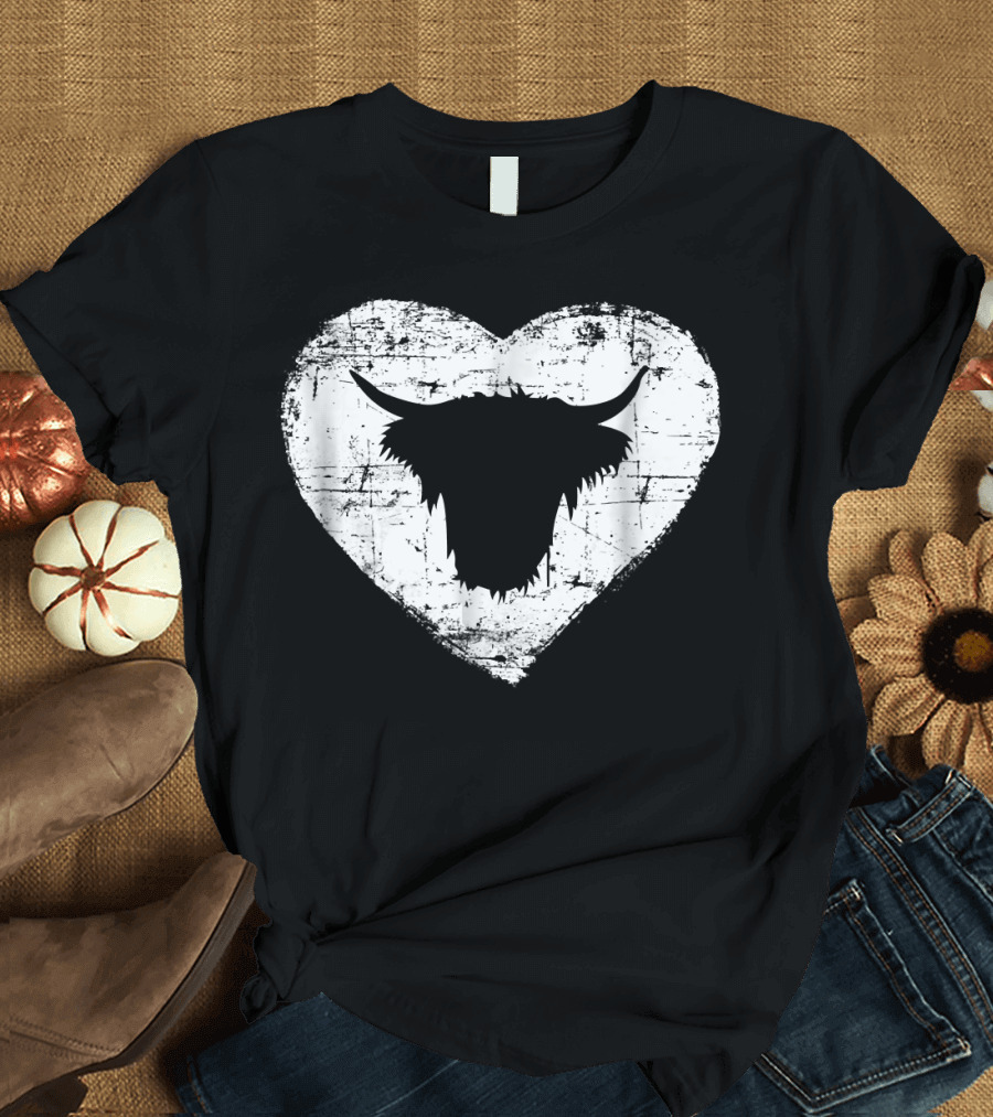 Shaggy Highland Cow Silhouette in Grunge Heart Motif T-Shirt