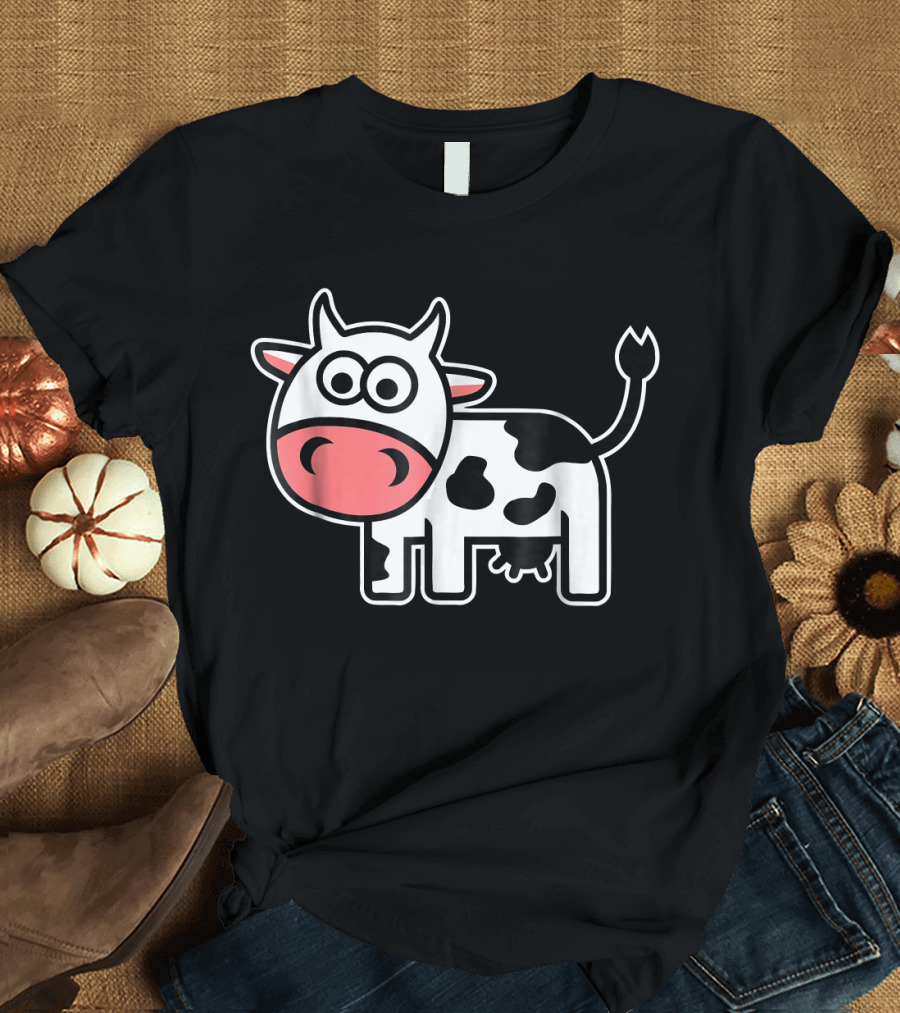 Cute Comic Cow Cartoon with Big Eyes and Spotted T-Shirt