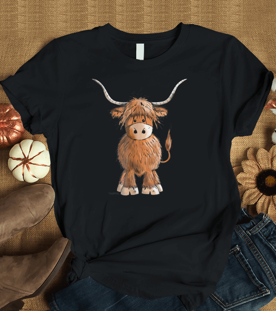 Adorable Hairy Scottish Highland Cow Drawing T-Shirt