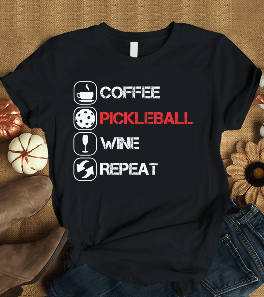 Coffee Pickleball Wine Repeat Distressed Text Icons T-Shirt