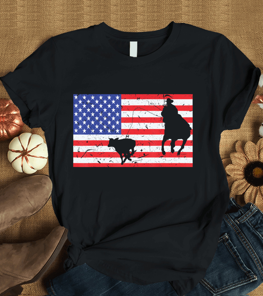 Distressed USA American Flag Roping Cowboy and Bull T-Shirt