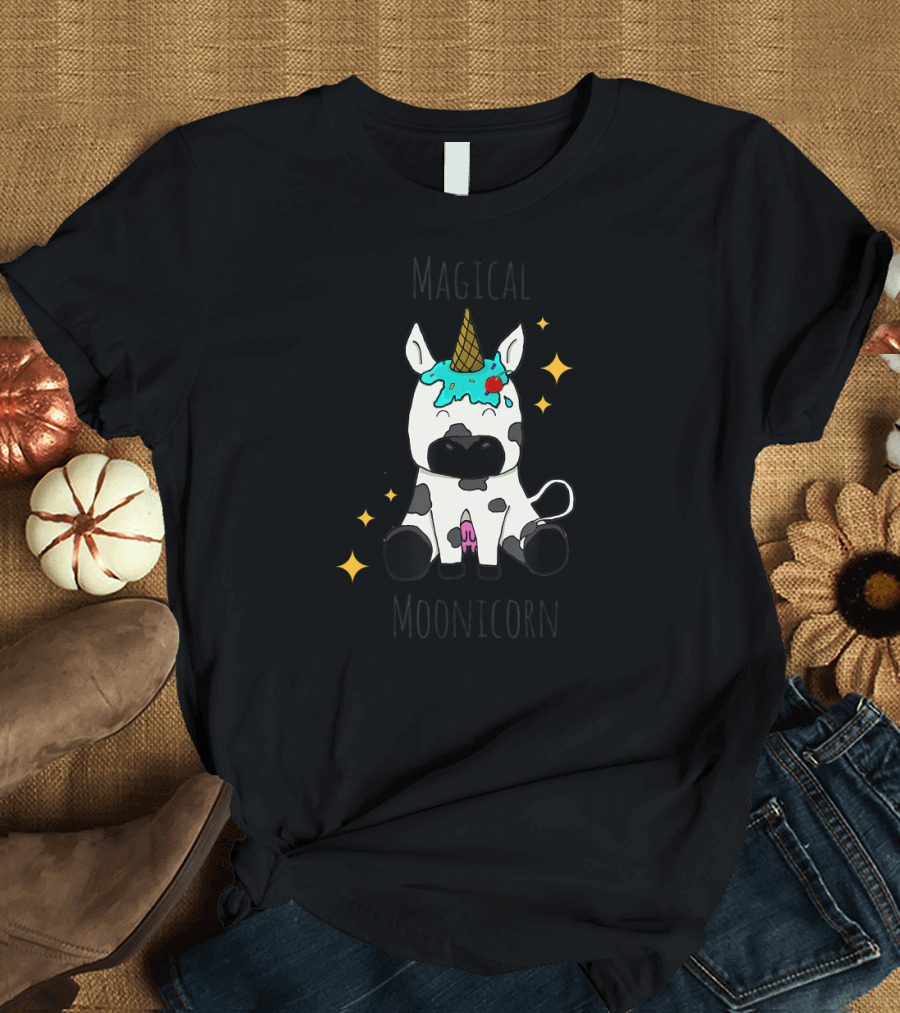 Magical Moonicorn Funny Cow with Ice Cream Horn and Stars T-Shirt