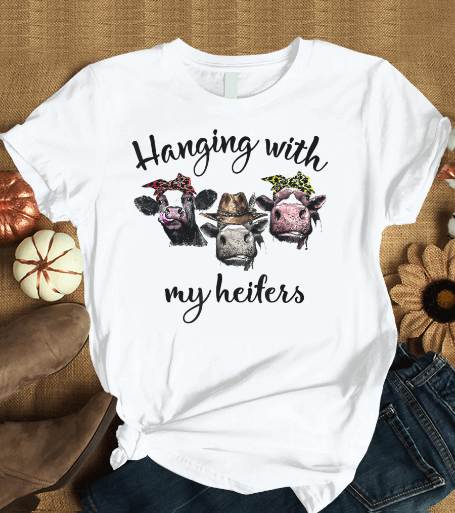Hanging with My Heifers Cow Trio with Colorful Bandanas and Cowboy Hat T-Shirt